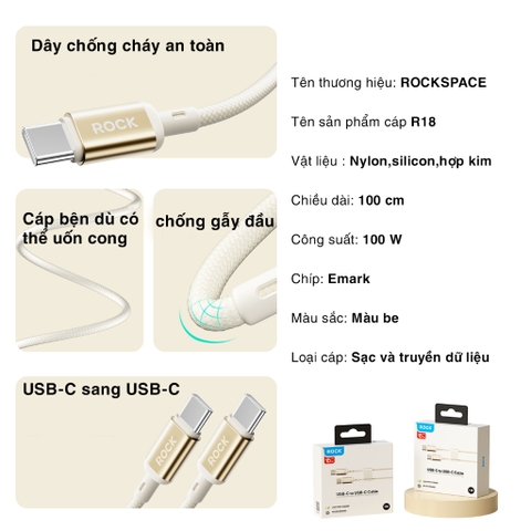 Dây cáp sạc nhanh 100W Rockspce R18 chuẩn typeC to typeC Hàng chính hãng bảo hành 12 tháng
