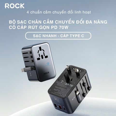 Củ sạc đa năng sạc nhanh PD 70W ROCK PD70W tích hợp cáp sạc nhanh typeC bảo hành 12 tháng