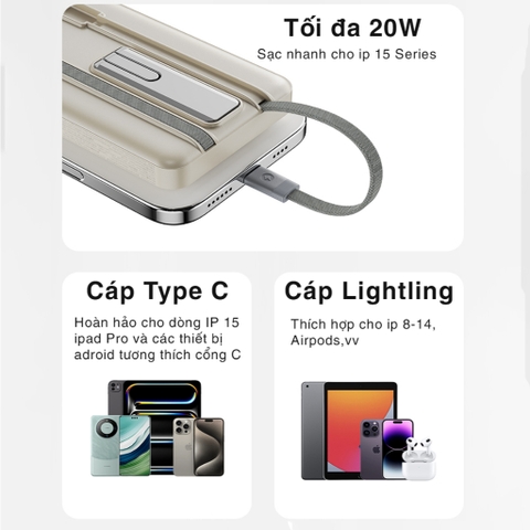 Pin sạc dự phòng không dây sạc nhanh PD 20W magsafe Rockspace 10.000mAh P50 5-in-1 tích hợp cáp sạc