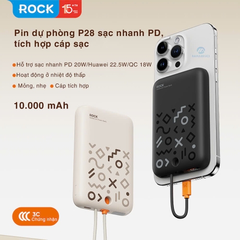 Pin sạc dự phòng sạc nhanh PD 20W Rockspace P28 10.000 mAh Magnetic PD tích hợp cáp sạc nhanh