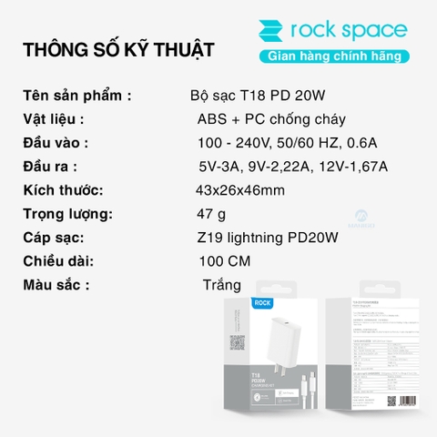 Bộ Sạc nhanh 20W Rockspace T18 hàng chính hãng bảo hành 12 tháng 1 đổi 1