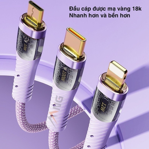 Dây cáp sạc nhanh 3 trong 1 Rockspace G20 dây dù chống rối sạc cùng lúc 3 thiết bị BH 12 tháng