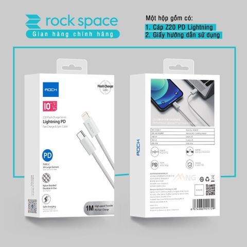 Dây cáp sạc nhanh iphone Rockspace Z20 PD 20W  sạc nhanh hỗ trợ truyền dữ liệu bảo hành 1 năm