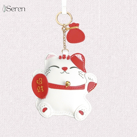 Charm Mèo Thần Tài (Maneki Neko) iSeren, da bò cao cấp, da thật handmade, móc khóa, charm treo túi xách, quà tặng cao cấp