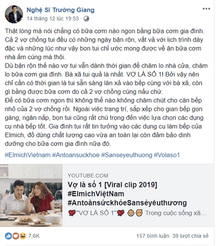 Trường Giang, Mạnh Trường khen ‘vợ là nhất’ trên Facebook