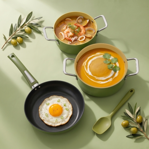 Bộ nồi chảo chống dính ceramic Elmich Daily Olive Classic EL5232OV02 nồi 18, 24, chảo 24cm