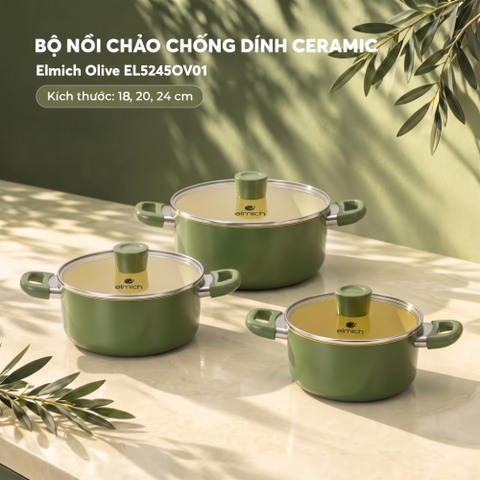 Bộ nồi chống dính ceramic Elmich Daily Olive EL5245OV01-18, 20, 24cm