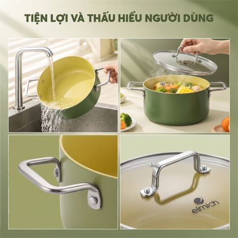 Bộ nồi chảo chống dính ceramic Elmich Daily Olive Classic EL5232OV02 nồi 18, 24, chảo 24cm