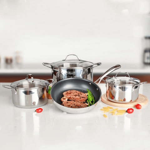 Bộ nồi chảo inox liền khối Trimax EL3742 size 18cm, 20cm, 26cm chảo 26cm