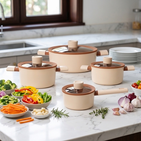 Bộ nồi chống dính ceramic Elmich Plus Mocha EL5243MC04-18, 20, 24, quánh 16cm