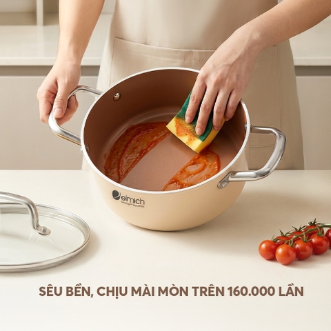 Bộ nồi ceramic Elmich Plus Mocha 16, 20, 24, chảo 24cm