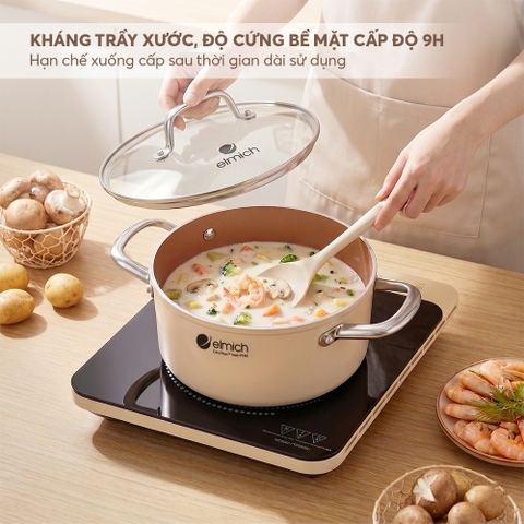 Bộ nồi ceramic Elmich Plus Mocha 16, 20, 24, chảo 24cm