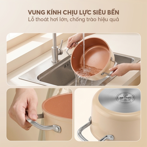 Bộ nồi ceramic Elmich Plus Mocha 16, 20, 24, chảo 24cm