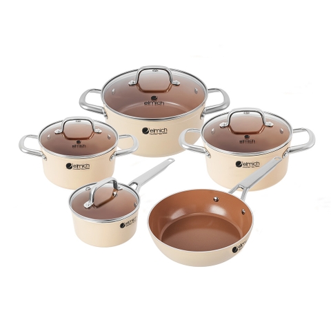 Bộ nồi Ceramic Elmich Plus Mocha 16, 18, 20, 24, chảo 26cm