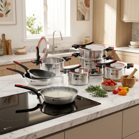 Bộ nồi inox liền khối Elmich Milano EL-8272 size 16,18,20 nồi hấp 22, chảo 20, 26cm