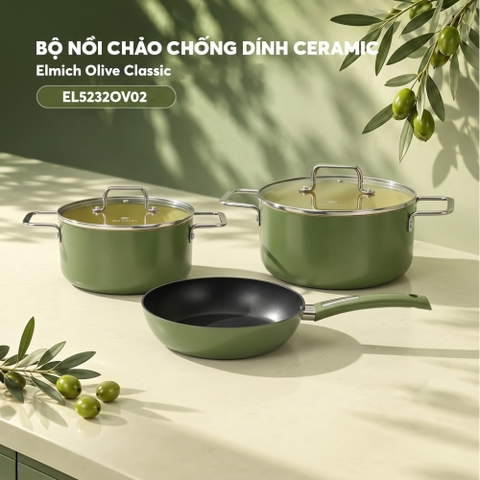 Bộ nồi chảo chống dính ceramic Elmich Daily Olive Classic EL5232OV02 nồi 18, 24, chảo 24cm