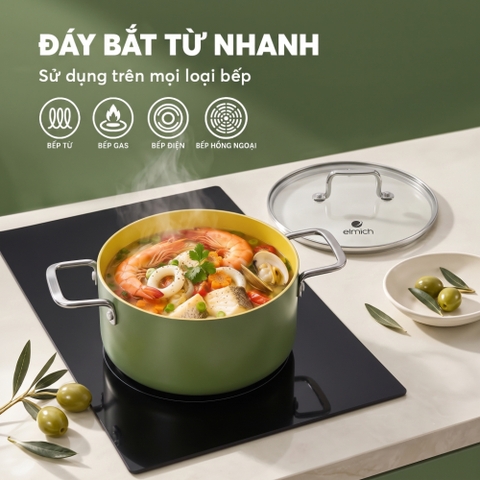 Bộ nồi chảo chống dính ceramic Elmich Daily Olive Classic EL5232OV02 nồi 18, 24, chảo 24cm