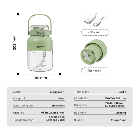 Máy xay sinh tố cầm tay chạy pin Elmich Daily BLE1560AG dung tích 1100ml