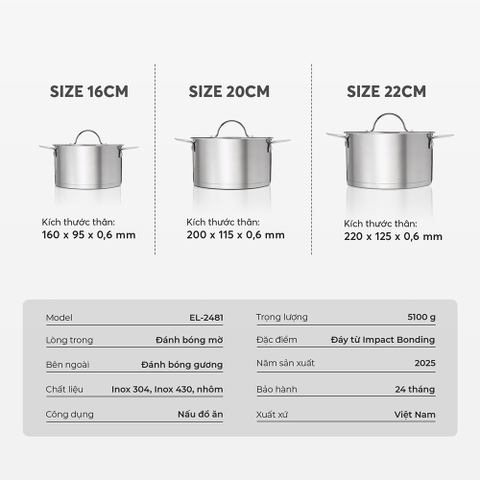 Bộ nồi Inox 304 Impact bonding Elmich EL2481 size 16,20,22cm