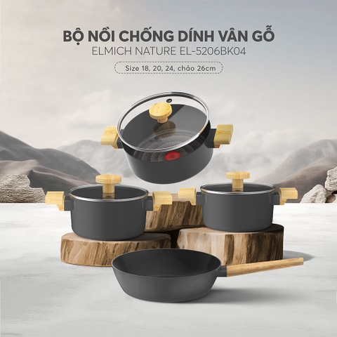 Bộ nồi chống dính vân gỗ Elmich Nature EL-5206BK04 size 18, 20, 24 chảo 26cm