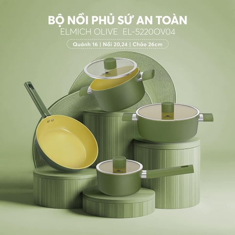 Bộ nồi  phủ sứ an toàn Elmich Olive EL-5220OV04 quánh 16, nồi 20, 24, chảo 26cm