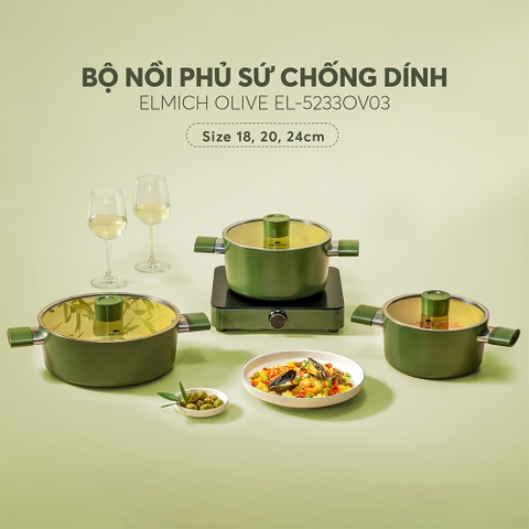 Bộ nồi chống dính Ceramic Elmich Plus Olive EL5233OV03-18,20,24cm