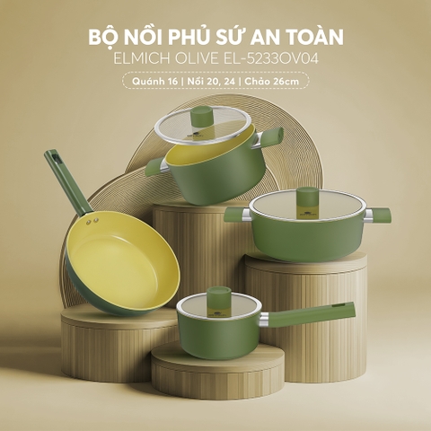 Bộ nồi chống dính Ceramic Elmich Olive EL5233OV04 quánh 16, nồi 20,24, chảo 26cm