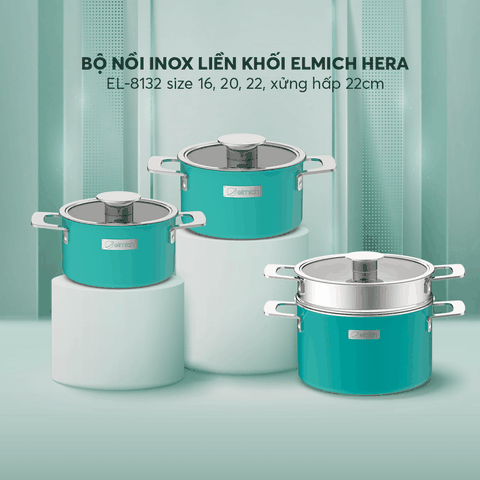 Bộ nồi Inox liền khối Elmich Hera EL-8192 size 16,20,22 xửng hấp 22cm
