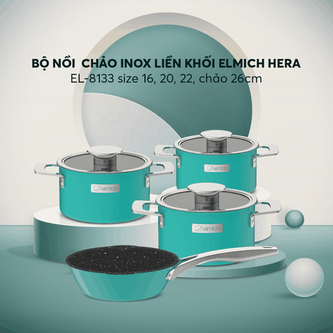 Bộ nồi Inox liền khối Elmich Hera size 16,20,22 chảo 26cm