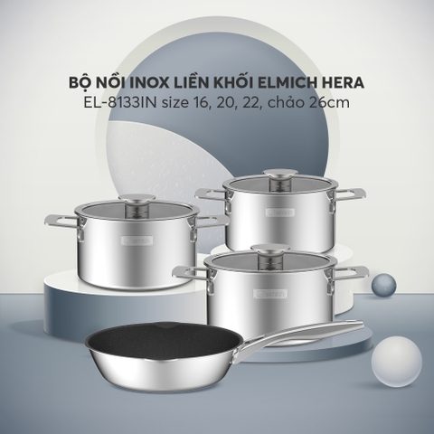 Bộ nồi inox liền khối Elmich Hera EL-8133IN size 16,20,22cm, chảo 26cm