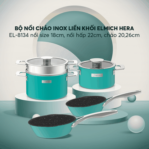 Bộ nồi Inox liền khối Elmich Hera size 18, nối hấp 22 chảo 20, chảo 26cm