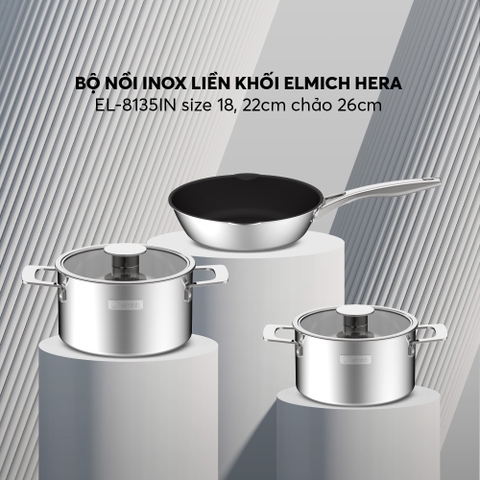 Bộ nồi Inox liền khối Elmich Hera EL-8135IN size 18, 22 chảo 26cm