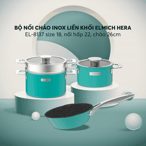 Bộ nồi Inox liền khối Elmich Hera EL-8137 size 18,nồi hấp 22,chảo 26cm