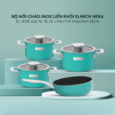 Bộ nồi Inox liền khối Elmich Hera size 16,18,22 chảo full induction 26cm