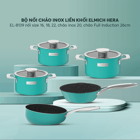Bộ nồi Inox liền khối Elmich Hera size 16,18,22 chảo inox 20,chảo full induction 26cm