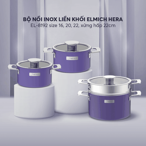 Bộ nồi Inox liền khối Elmich Hera EL-8192 size 16,20,22 xửng hấp 22cm