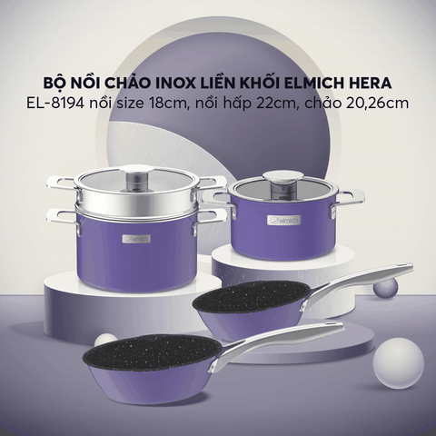 Bộ nồi Inox liền khối Elmich Hera size 18, nối hấp 22 chảo 20, chảo 26cm