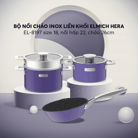 Bộ nồi Inox liền khối Elmich Hera EL-8197 size 18,nồi hấp 22,chảo 26cm