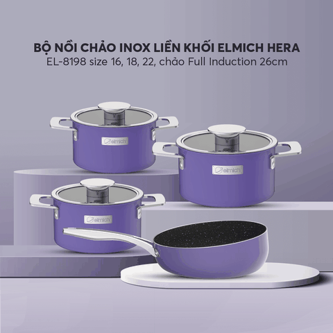 Bộ nồi Inox liền khối Elmich Hera size 16,18,22 chảo full induction 26cm