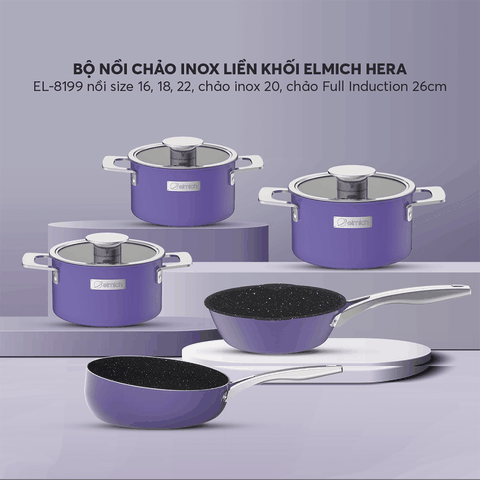 Bộ nồi Inox liền khối Elmich Hera size 16,18,22 chảo inox 20,chảo full induction 26cm