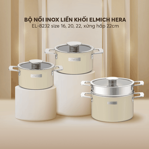 Bộ nồi Inox liền khối Elmich Hera EL-8192 size 16,20,22 xửng hấp 22cm