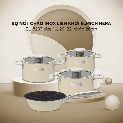 Bộ nồi Inox liền khối Elmich Hera size 16,20,22 chảo 26cm