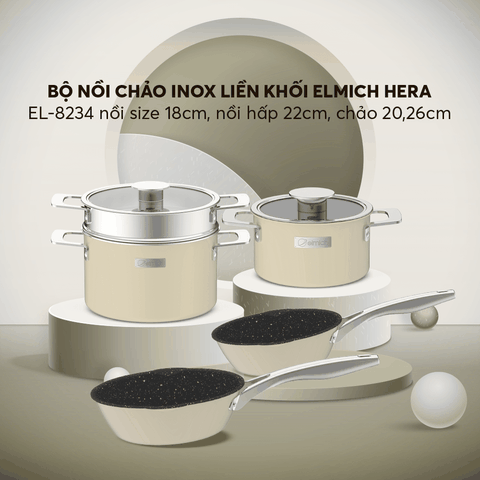 Bộ nồi Inox liền khối Elmich Hera size 18, nối hấp 22 chảo 20, chảo 26cm