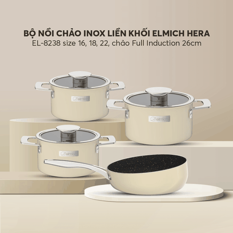 Bộ nồi Inox liền khối Elmich Hera size 16,18,22 chảo full induction 26cm