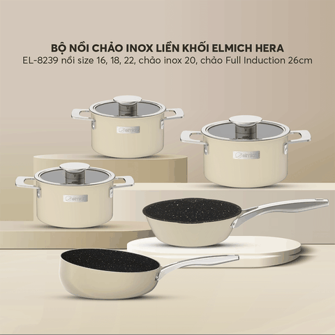 Bộ nồi Inox liền khối Elmich Hera size 16,18,22 chảo inox 20,chảo full induction 26cm