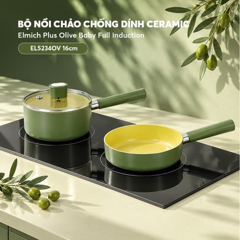Bộ nồi chảo chống dính ceramic Elmich Plus Olive Baby Full Induction EL5234OV 16cm