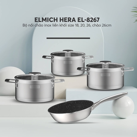 Bộ nồi Inox liền khối Elmich Hera EL 8267 size 18,20,26, chảo 26cm