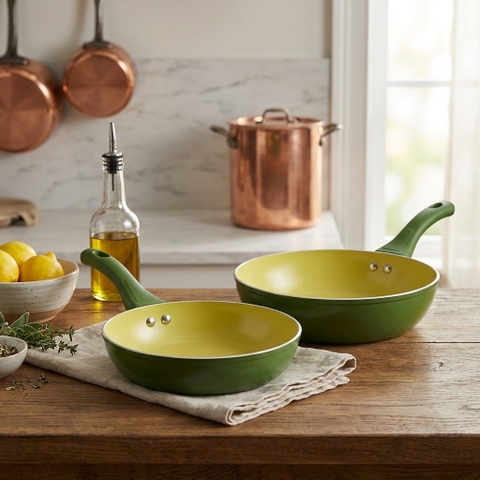 COMBO Chảo chống dính ceramic Elmich Plus Olive size 20,26cm