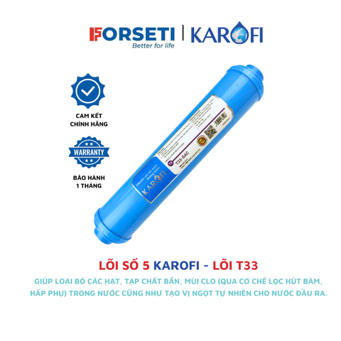 Lõi lọc nước GAC-T33 Karofi chính hãng - Giúp loại bỏ các hạt, tạp chất bẩn, mùi clo, tạo vị ngọt cho nước