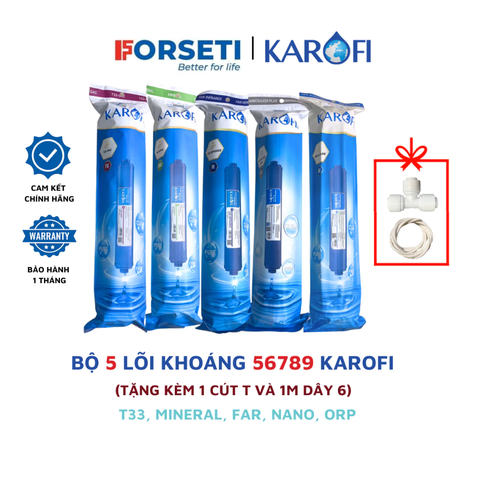 Bộ 5 lõi chức năng Karofi 56789 (T33, Min, Far, Nano, ORP Alkaline) giúp làm ngọt nước, bù khoáng và hỗ trợ cân bằng PH
